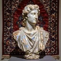 “Apollo statue made of Persian carpet, detailed but rough, refracting light, 4k photo, great light and shadows, Sony 175mm”