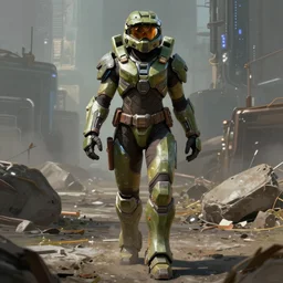 a big female warrior walking in a cyberpunk wasteland facing the camera, mjolnir armor from halo infinite, no helmet!!!!, ultra realistic, very highly detailed, 8K, octane render, Digital painting, concept art, illustration, sharp focus, centered, good value control, realistic shading, rational painting, rubber undersuit
