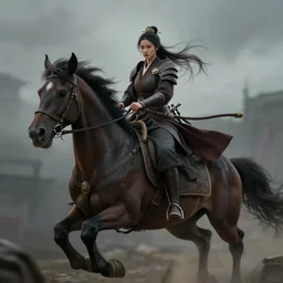 legendary female warrior on a flying mount, shallow depth of field, moody lighting, 8 k, concept art,