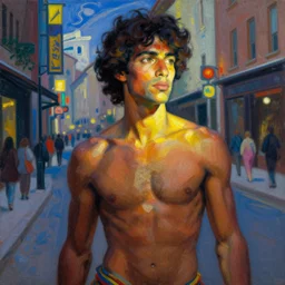 a multiracial greek god following a watchful light through the streets of a city, saturated color scheme, sparse detail, by george luks, joan miro and moebius