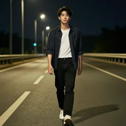 young man walking on the highway at night
