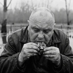 movie still by tarkovsky close up of a giant obese old bald man wear dark clothes eating meat, a swamp, cinestill 8 0 0 t 3 5 mm b & w, heavy grain, high quality, noir, natural textures, photorealistic, ambient occlusion, hd, dof, mud, fog