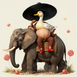 ancient man with the head of a duck, big fat belly, red shoes, big black hat, sitting on top of an african elephant, surrounded by lollipops, fantasy, intricate, elegant, highly detailed, professional digital painting