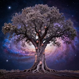 tonemapped 8 k closeup of transcendent tree of life by seb mckinnon, john avon, sui ishida with galaxy as background