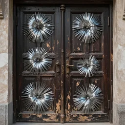 a huge old weathered dark wooden door made with shiny metallic rush plant ornaments, reflecion, ornate, fantasy, photorealistic, octane render, high definition, ultra detailed, trandind on artstation, midjourney