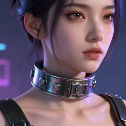 detailed realistic female character cyberpunk wearing thick steel collar around neck, realistic, art, beautiful, 4K, collar, choker, collar around neck, punk, artstation, detailed, female, woman, choker, cyberpunk, neon, punk, collar, choker, collar around neck, thick collar, tight around neck, punk, eyes,