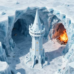 Aerial view of a wizard tower surrounded by an ice cave to the west, a fire cave to the east, a emerald mine to the north and a diamond mine to the south, lineart, colored