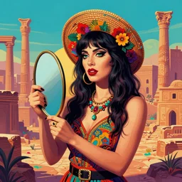 psychedelic portrait of woman holding mirror in front of ancient city, faile style, shep fairey, obey giant