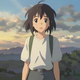 Kurisu Makise by Akihiko Yoshida, Makoto Shinkai, with backdrop of god rays