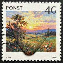 melted material against a romantic painting of a landscape, on a poststamp