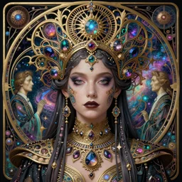 detailed realistic beautiful young groovypunk queen of andromeda galaxy in full regal attire. face portrait. art nouveau, symbolist, visionary, baroque, giant fractal details. horizontal symmetry by iris van herpen, raymond swanland and alphonse mucha. highly detailed, hyper - real, beautiful