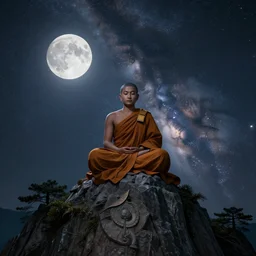 high definition render of a monk on top of a mountain, full moon, milky way, galaxy, buddhism, 8 k, intricate, raytracing, cinematic, alex gray