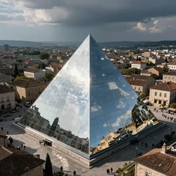Artificial superintelligence in glass silver shiny pyramid in the middle of an old town