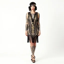 tattooed flapper in 1920s dress, photorealistic portrait photography, full body, standing, isolated on a pure white background, centered, whole figure in frame, sharp focus, studio lighting