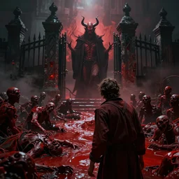 A scared man stares into a red river of corpses at the gates of hell while the devil looks on, by Cedric Peyravernay, highly detailed, excellent composition, cinematic concept art, dramatic lighting, trending on ArtStation