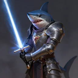 portrait of a humanoid shark in knight armor holding a lightsaber, fantasy, d & d, heartstone, digital painting, volumetric light, intricate, sharp, focus, bloom, illustration, highly detailed, concept art, matte, ruan jia, randy vargas, greg rutkowski