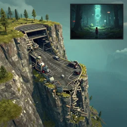 A parking lot crumbling down a cliff, digital art, artstationhq, outer wilds screenshot, portal 2 screenshot, by Charles Sheeler and Jordan Grimmer and Victor Mosquera