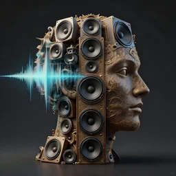 a highly detailed landscape of recursive speakers forming a 3 d chi head. speaker head. polyphonic frequency wave visualisation. ornate, hyperrealistic, octane render, chiaroscuro, inspired by greg rutkowski, android jones, beeple, shaun tan, frostbite 3 rendered