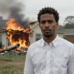 a photo of a house burning down in the background and wednesday adams with an eerie expression in the foreground, strong depth of field