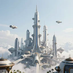 a scene of a beautiful intricate epic futuristic sky city with steampunk air vehicles taken from a distance, minimalist, blue and white, cinematic lighting