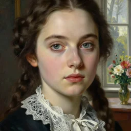 museum painting, close - up shot, photo of very striking young eva green, perfectly detailed eyes, dressed in 1 8 th century clothes, laces, by the window, table with flowers, sharp focus, highly detailed, digital art, oil painting, masterpiece, artgerm, rutkowski, mucha, kinkade
