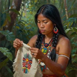 a beautiful painting of a young indigenous female crafting a fabric in the jungle realistic face ayahuasca fantasy art style highly detailed