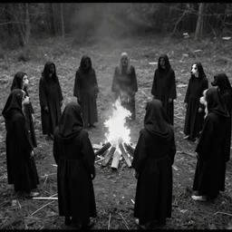 creepy trailcam found footage horror screenshot of a group of dogs in black robes standing in a circle around a fire. black and white, grainy, evil, unsettling, creepy