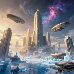 The futuristic sci-fi city has tall brutalist architecture buildings, some giant spaceships are flying over the city, the background has a detailed heavenly and iridescent light from nebulas, this is afroxen planet and ice is everywhere, even building are made by ice, panoramic view, cyberpunk, vaporwave, matte painting, concept art, dramatic lighting, golden hour, 4k, 8k, trending on Artstation, realistic