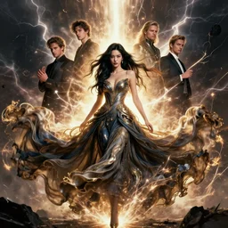 character design by james jean, ruan jia, ilya kuvshinov, martine johanna, jakub rebelka ( ( ( portrait of hoyeon jung in seductive luxurious flowy tornado dress ) ) ) emerging from lighting and powerful thunder, sharp edges. ultra detailed, majestic, intricate,