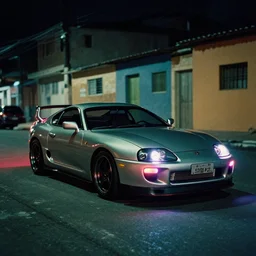 film still of a tuned toyota supra mk 4 with neon lights at a brazilian favela at night