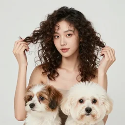 a portrait of a beautiful fashion model that is curling her hair and hir dogs in the curls. surreal photograph, toiletpaper magazine, 3 5 mm photograph, colourful, by pierpaolo ferrari, maurizio cattelan, sandy skoglund, georges de la tour