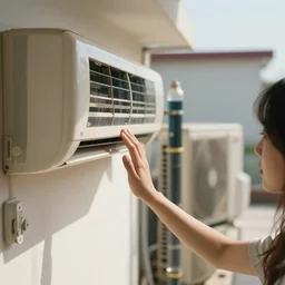 a girl's hand caress an air conditioner in a room, outside another air conditioner on the terrace connected by transparent tubes with a liquid inside, depth of field, sunny, ultra realistic, very detailed, 8 k hyper realistic detailed cinematic still by nadav kander