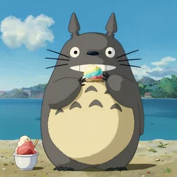 film still of totoro eating rainbow shave ice at the beach, by studio ghibli