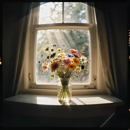 kodak portra 4 0 0, wetplate, extreme fish eye, moody still life 1 9 2 0 portrait by britt marling of a single jar filled with flowers, sparkling jewels between a sunlit window, in bright warm sunlight, godrays shinging through the window, golden summer, muted colours, haze, trees outside, no people