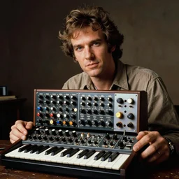 1980s photograph of a man made of 80s modular synthesizers