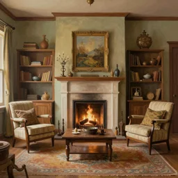 a living room with a fire place and two chairs, a photorealistic painting by Peter Snow, pinterest contest winner, arts and crafts movement, rendered in unreal engine, diorama, vray