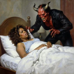 oprah winfrey is in her bed, nervous and terrified, because a double horned christopher walken from hell is attacking him. highly detailed painting by gaston bussiere, j. c. leyendecker, greg rutkowski, craig mullins 8 k