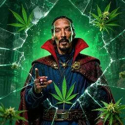 snoop dogg as doctor strange, multiple dimensions, green light, marijuana leaves, marijuana, shattered glass, refractions, highly detailed, environmental light, cinematic by francis tneh