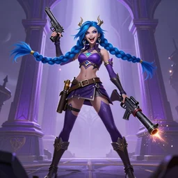 close portrait pretty girl, hair with double long blue braids, pistol and bazooka, high boots, purple bridges with leggins, purple top, evil insane smiling laugh, particles explosion, elegant intricate matte sharp focus 8 k, fantasy digital art, league of legends, by ting xue