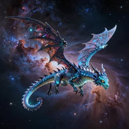 a metallic bioluminescent alien dragon flying in outer space, epic nebula, Dan Seagrave art