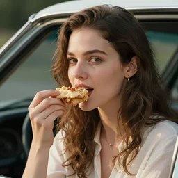 woman eating a car