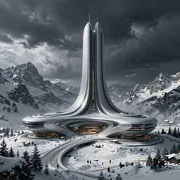 futuristic atmosphere in the snowy mountains dolomites 3 d concept art, cinematic lighting, bladerunner scene, intricate details, building by zaha hadid, stormy weather, emissary space by arthur haas and bruce pennington and john schoenherr, cinematic matte painting, dark moody monochrome colors, trending on artstation, featured on behance
