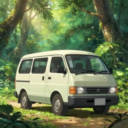 a mini van in the middle of the jungle, hyperdetailed, ambient occlusion, pfp, lensflare, ghibli style, anime background, octane