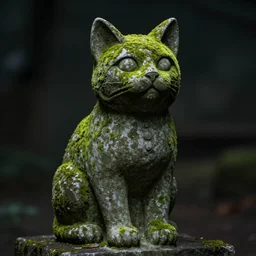 stone cat statue mossy, dramatic lighting