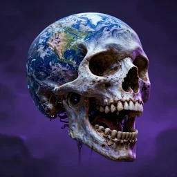 screaming earth in the shape of a skull, cosmic horror, ghostly, intricate, photo real, hyperrealism, unreal engine 5, raytracing, in the style of simon bisley and richard corben, ultraviolet colors,