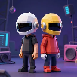 headshot portrait of low-poly render 3D miniature daft punk kids standing back to back, twilight zone background, illustration, artgerm, octane render, inspired by Greg rutkowski, colorful, studio lighting, full body,