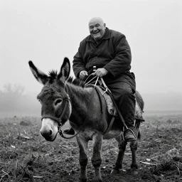 movie still by tarkovsky of an happy giant obese old bald man wear dark clothes on a donkey, b & w, heavy grain, high quality, noir, natural textures, photorealistic, ambient occlusion, hd, mud, fog, ultra wide lens, anamorphic