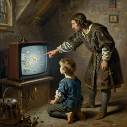 a man pointing to a kid watching tv, middle ages, oil painting