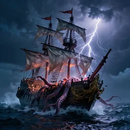 1 6 0 0 pirate ship being engulfed by a sea creature with long tentacles, on a stormy night with lightning
