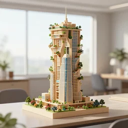 3 d printed physical model organic flowy including more than one city into one vertical building model that sits on a table in a room with a view back, multiple stories, wooden, with vegetation, colorful, eye - level view, 8 0 k, octane render, highly detailed 3 d render,